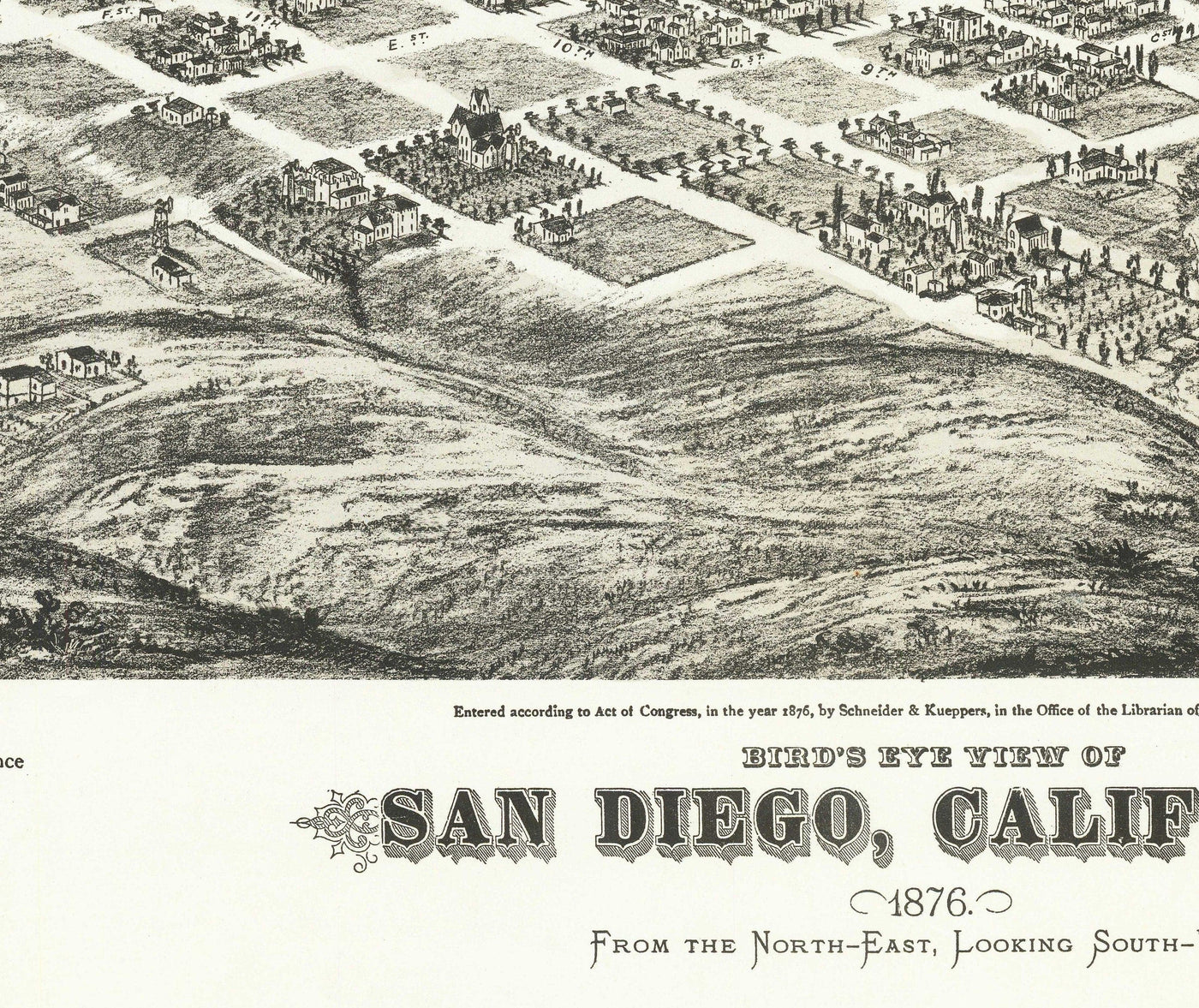 Rare Old Map of San Diego by Eli Sheldon Glover, 1876 - Birds Eye, Downtown Oldtown, East Village, Cortez Hill