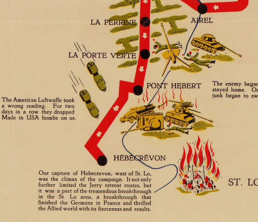 Old Map of D Day Landings in Normandy, 1944 - 743rd Tank Battalion in Northern France - US Army World War 2