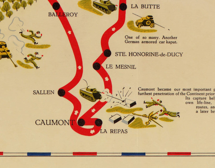 Old Map of D Day Landings in Normandy, 1944 - 743rd Tank Battalion in Northern France - US Army World War 2