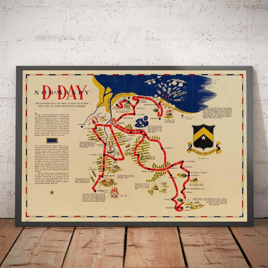 Old Map of D Day Landings in Normandy, 1944 - 743rd Tank Battalion in Northern France - US Army World War 2