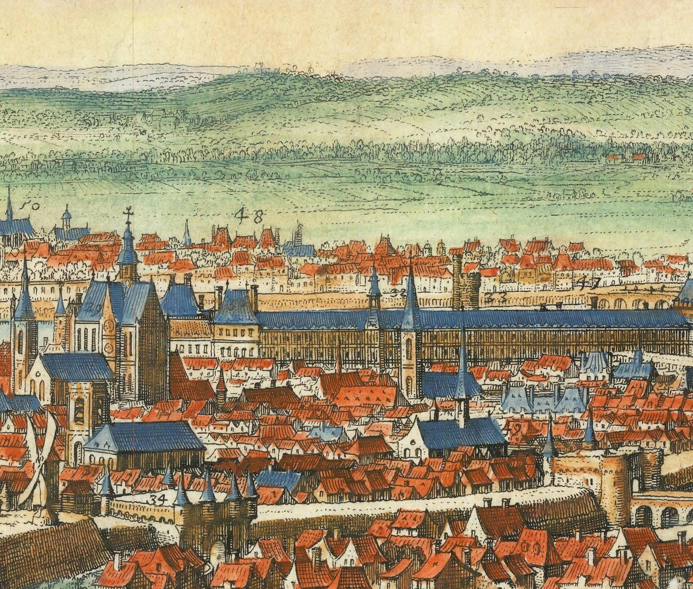 Seltene alte Karte von Paris, Frankreich von Matthaus Merian im Jahre 1648 - Notre Dame, Sainte-Chapelle, Krankenhaus St. Louis, Bastille