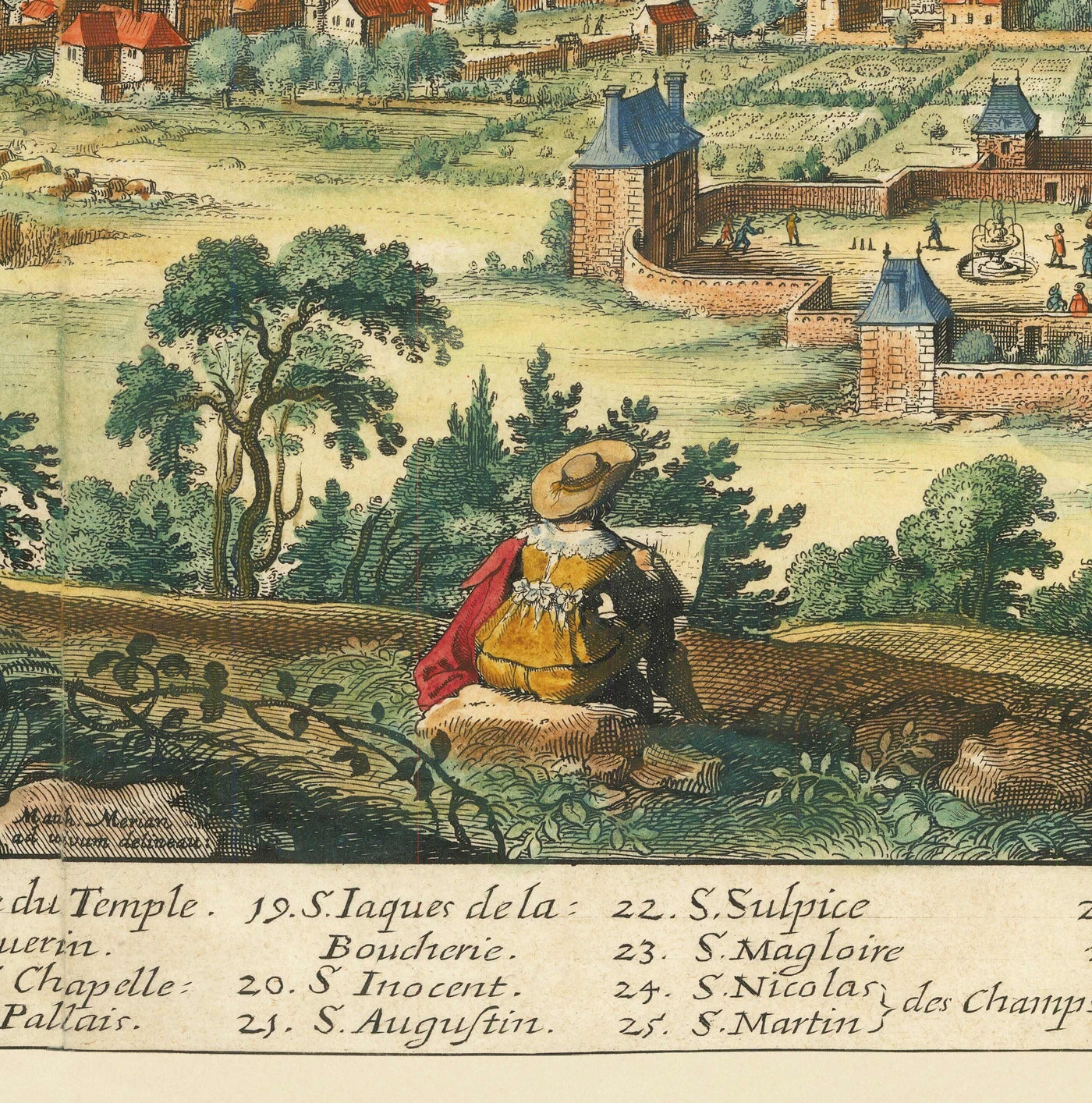 Seltene alte Karte von Paris, Frankreich von Matthaus Merian im Jahre 1648 - Notre Dame, Sainte-Chapelle, Krankenhaus St. Louis, Bastille