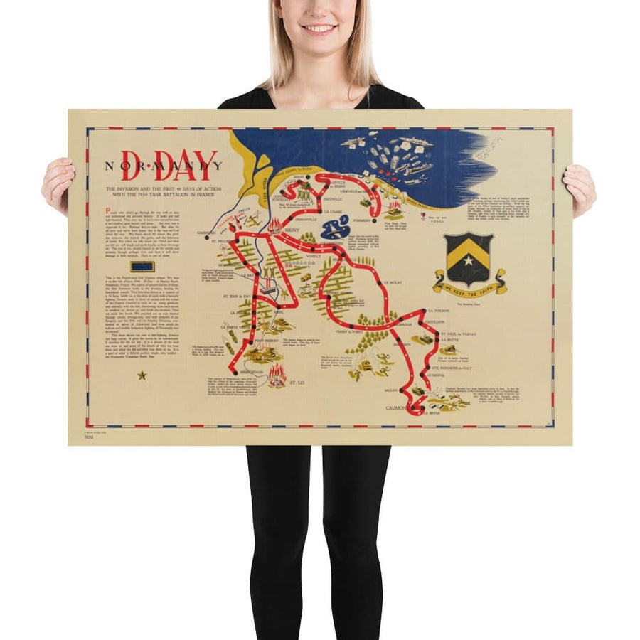Old Map of D Day Landings in Normandy, 1944 - 743rd Tank Battalion in Northern France - US Army World War 2