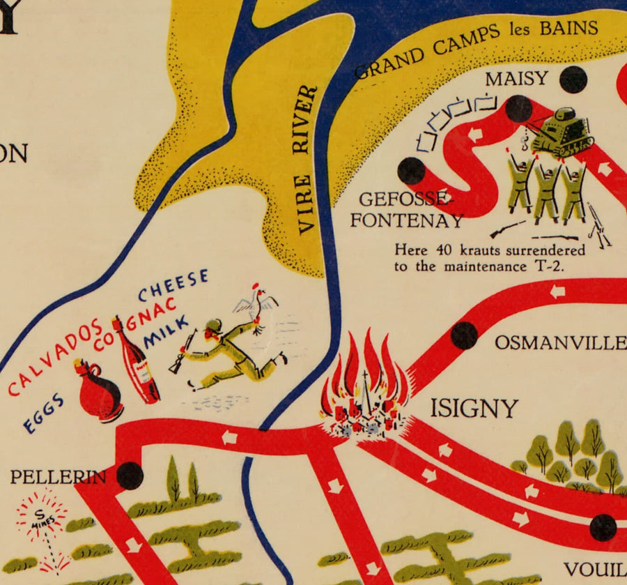 Old Map of D Day Landings in Normandy, 1944 - 743rd Tank Battalion in Northern France - US Army World War 2