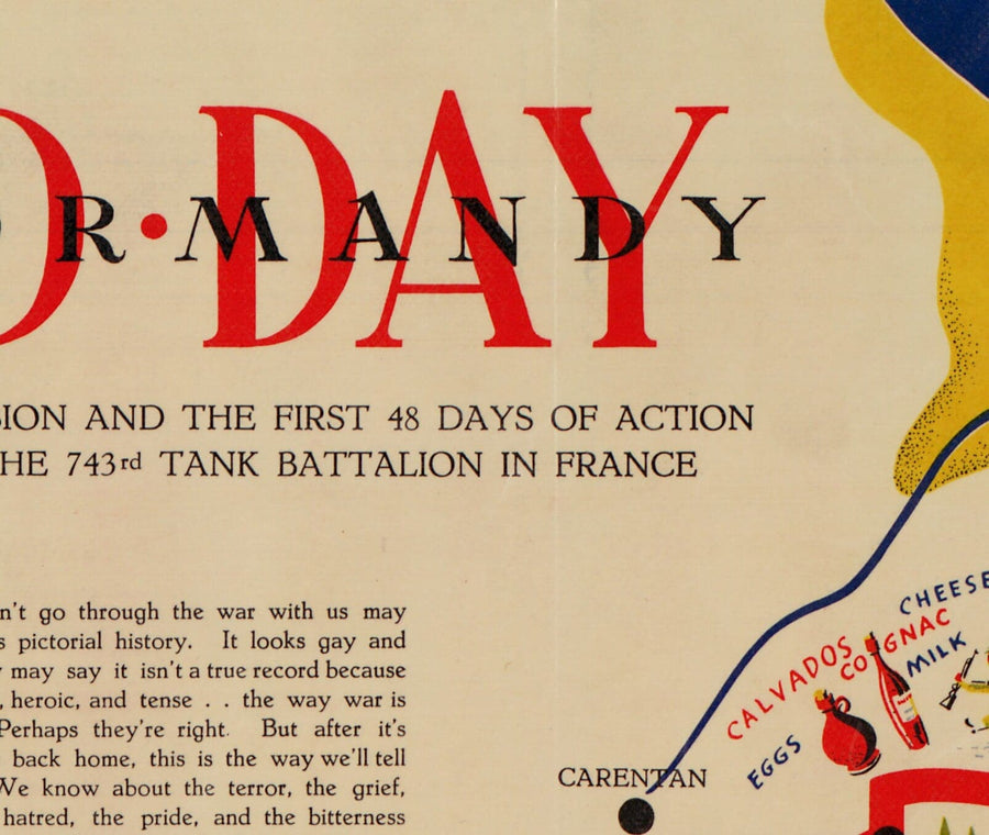 Old Map of D Day Landings in Normandy, 1944 - 743rd Tank Battalion in Northern France - US Army World War 2