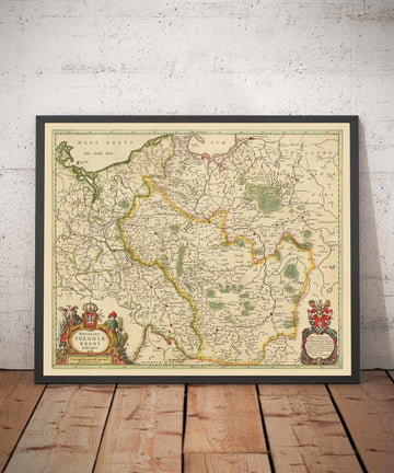 Vecchia mappa della Polonia di Jan Jansson, 1640 - Germania, Prussia, Lituania, Slesia, Lusazia, Varsavia, Berlino, Cracovia 