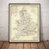 Old Map of Ancient Britain, 1834 - Roman Britannia & Roads, Celtic Tribes, Silures, Dobunni, Parisi, Trinovantes, Regni