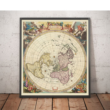 Mappa del Mondo della Terra Piatta Antica, 1696 di Jacob Harrewyn - Isola della California, Cherubini - Proiezione Azimutale Polare 