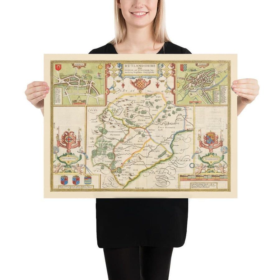 Alte Karte von Rutland, 1611 von John Speed - Rutlandshire, Oakham, Edith Weston, Uppingham, Ketton, Stretton 