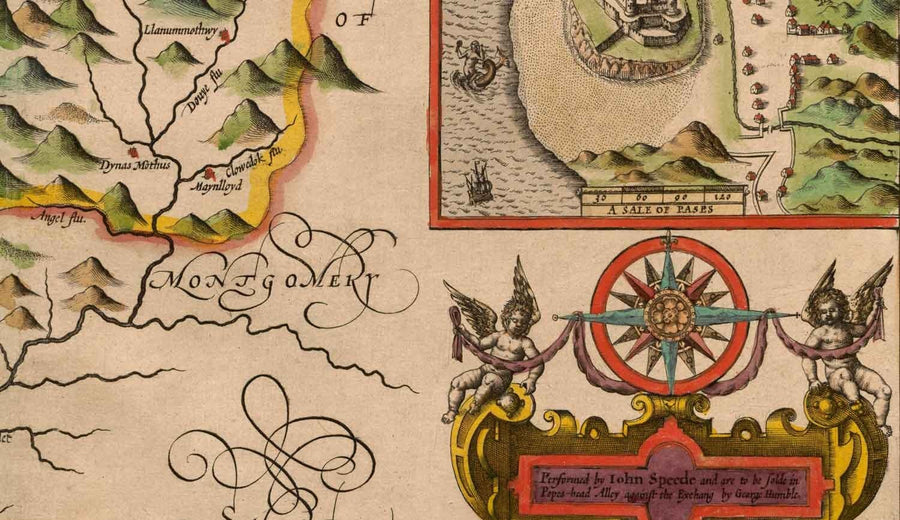 Alte Karte von Merionethshire, Wales aus dem Jahr 1611 von John Speed - Dolgellau, Aberdyfi, Bala, Barmouth, Harlech, Snowdonia 