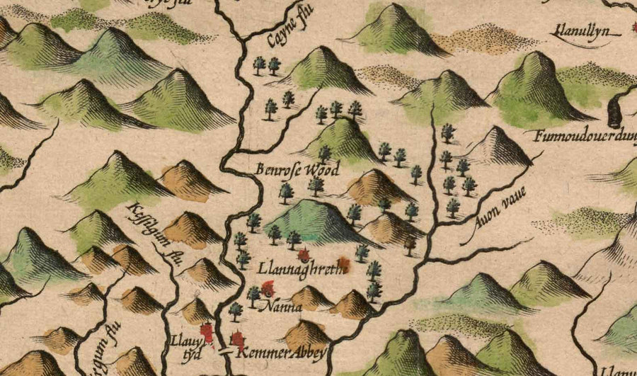 Alte Karte von Merionethshire, Wales aus dem Jahr 1611 von John Speed - Dolgellau, Aberdyfi, Bala, Barmouth, Harlech, Snowdonia 
