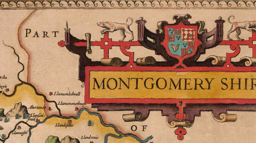 Alte Karte von Montgomeryshire, Wales, 1611 von John Speed - Powys, Maldwyn, Montgomery, Newtown, Welshpool, Llanidloes 