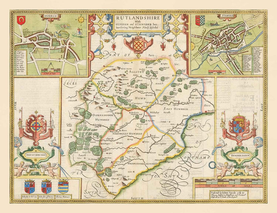 Alte Karte von Rutland, 1611 von John Speed - Rutlandshire, Oakham, Edith Weston, Uppingham, Ketton, Stretton 