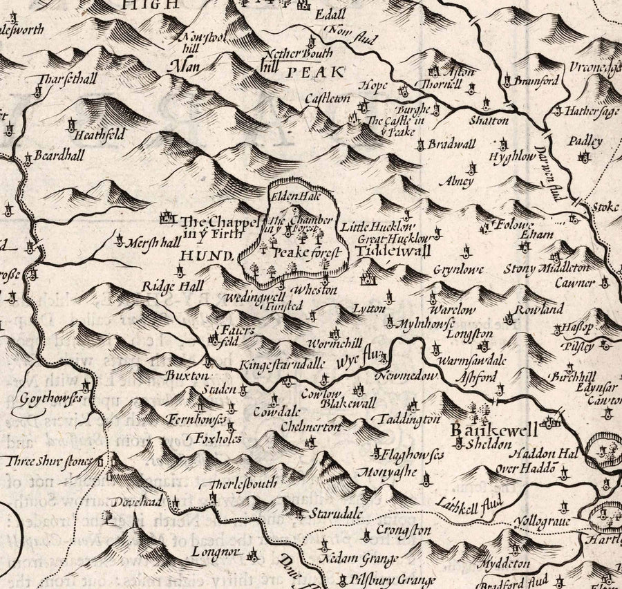 Old monochrome Carte of Derbyshire, 1611 par John Speed ​​- Derby, Chesterfield, Buxton, Peak District