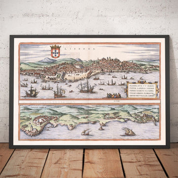 Old Map of Lisbon, Portugal by Georg Braun in 1572 - Castle, Cathedral, City Walls, Downtown, Old Streets