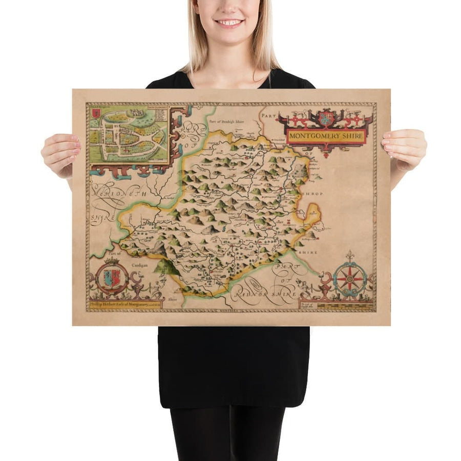 Alte Karte von Montgomeryshire, Wales, 1611 von John Speed - Powys, Maldwyn, Montgomery, Newtown, Welshpool, Llanidloes 