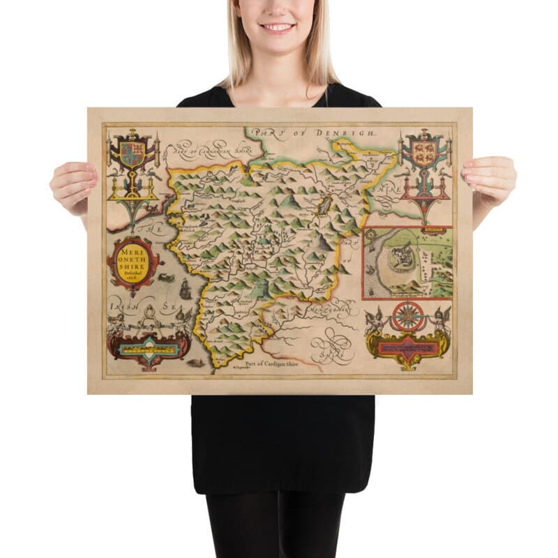 Alte Karte von Merionethshire, Wales aus dem Jahr 1611 von John Speed - Dolgellau, Aberdyfi, Bala, Barmouth, Harlech, Snowdonia 