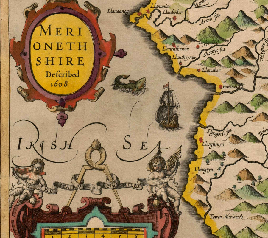 Alte Karte von Merionethshire, Wales aus dem Jahr 1611 von John Speed - Dolgellau, Aberdyfi, Bala, Barmouth, Harlech, Snowdonia 