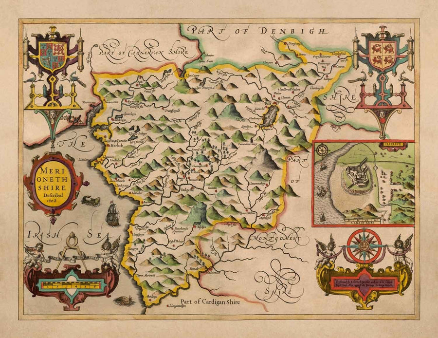Alte Karte von Merionethshire, Wales aus dem Jahr 1611 von John Speed - Dolgellau, Aberdyfi, Bala, Barmouth, Harlech, Snowdonia 
