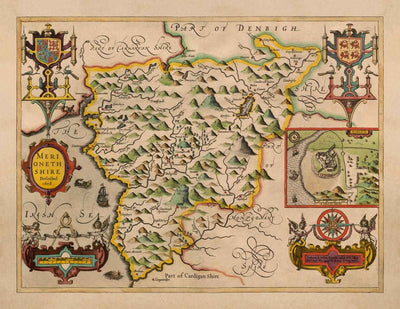 Ancienne carte du Merionethshire, Pays de Galles en 1611 par John Speed - Dolgellau, Aberdyfi, Bala, Barmouth, Harlech, Snowdonia