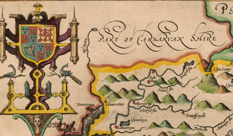 Alte Karte von Merionethshire, Wales aus dem Jahr 1611 von John Speed - Dolgellau, Aberdyfi, Bala, Barmouth, Harlech, Snowdonia 