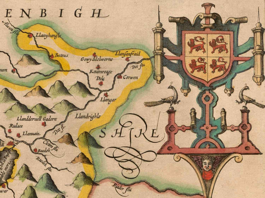 Alte Karte von Merionethshire, Wales aus dem Jahr 1611 von John Speed - Dolgellau, Aberdyfi, Bala, Barmouth, Harlech, Snowdonia 