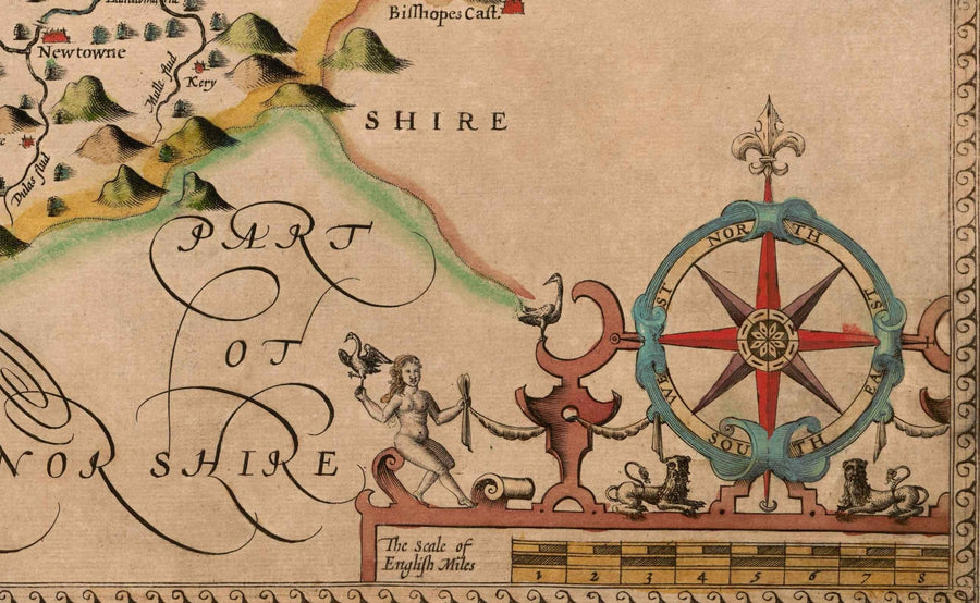 Alte Karte von Montgomeryshire, Wales, 1611 von John Speed - Powys, Maldwyn, Montgomery, Newtown, Welshpool, Llanidloes 