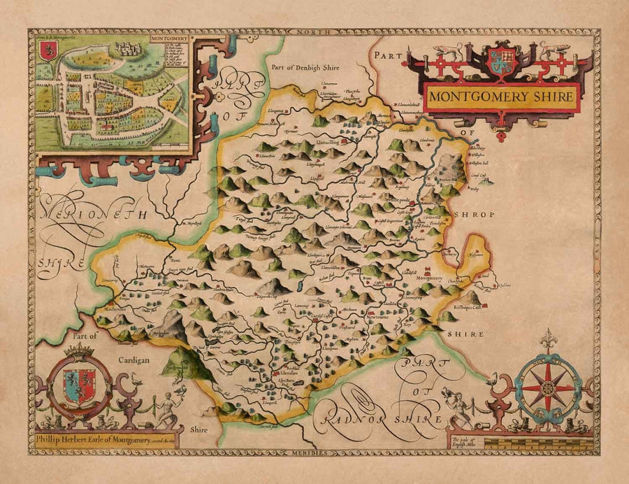 Alte Karte von Montgomeryshire, Wales, 1611 von John Speed - Powys, Maldwyn, Montgomery, Newtown, Welshpool, Llanidloes 