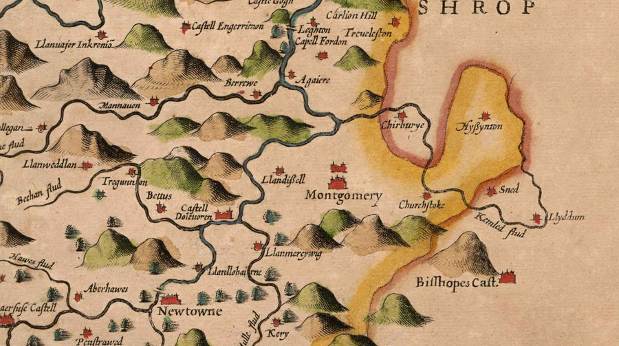 Alte Karte von Montgomeryshire, Wales, 1611 von John Speed - Powys, Maldwyn, Montgomery, Newtown, Welshpool, Llanidloes 