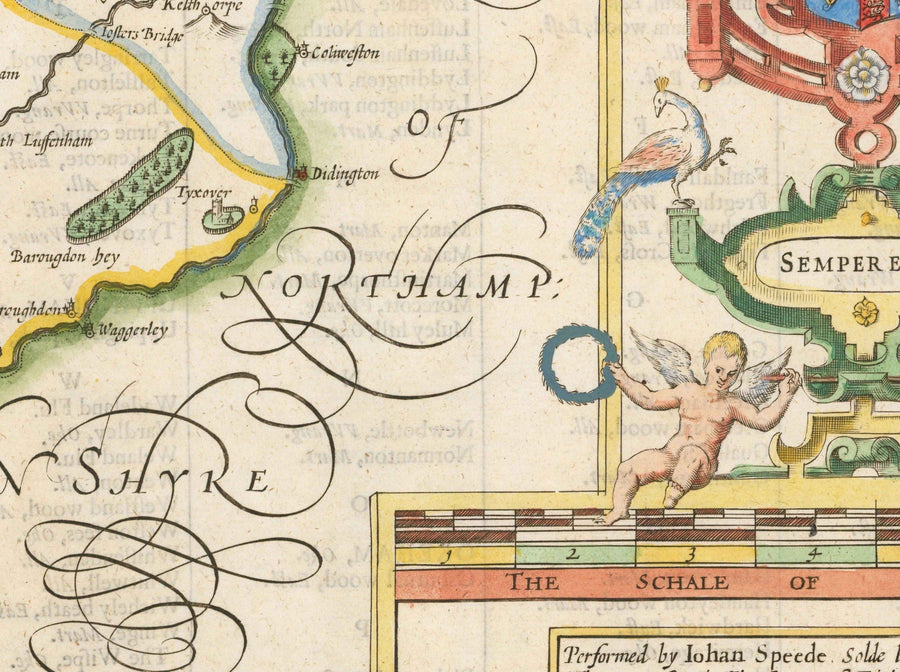 Alte Karte von Rutland, 1611 von John Speed - Rutlandshire, Oakham, Edith Weston, Uppingham, Ketton, Stretton 