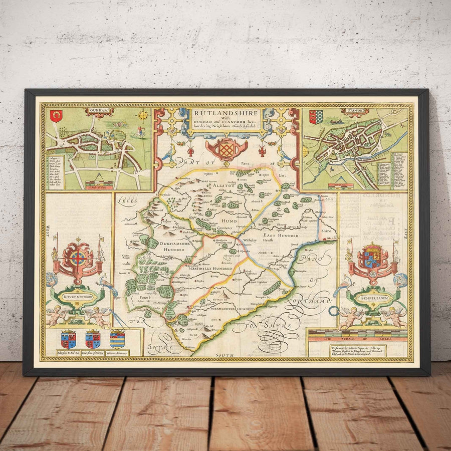 Alte Karte von Rutland, 1611 von John Speed - Rutlandshire, Oakham, Edith Weston, Uppingham, Ketton, Stretton 