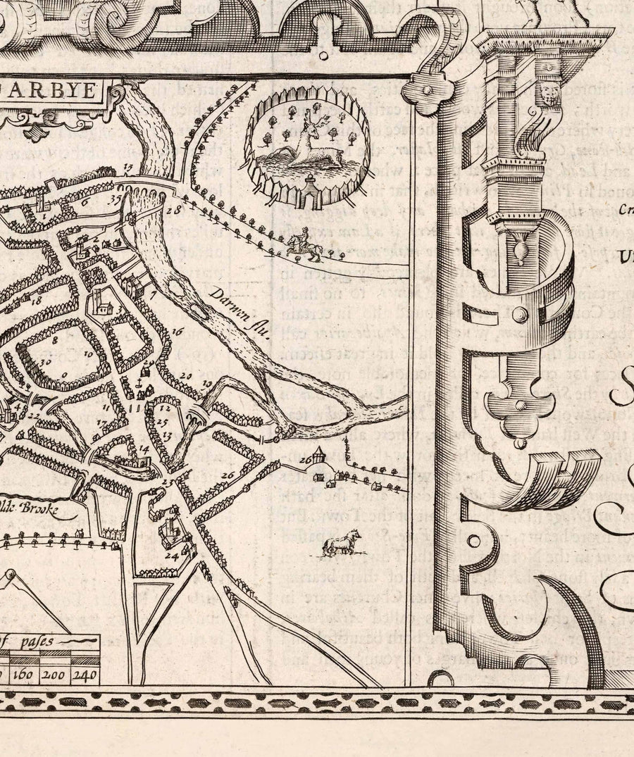 Old monochrome Carte of Derbyshire, 1611 par John Speed ​​- Derby, Chesterfield, Buxton, Peak District