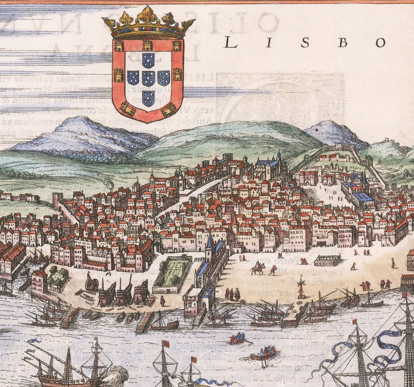 Ancienne carte de Lisbonne, Portugal par Georg Braun en 1572 - Château, Cathédrale, Murs de la ville, Centre-ville, Vieilles rues