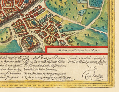Ancienne carte de Lisbonne, Portugal par Georg Braun en 1572 - Château, Cathédrale, Murs de la ville, Centre-ville, Vieilles rues
