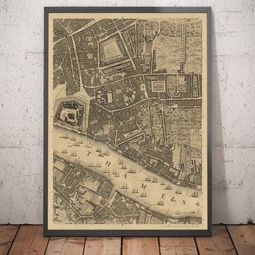 Antiguo mapa de Londres de John Rocque, 1746, F2 - Torre de Londres, Shad Thames, St Katherine Dock, Tower Hamlets, Bermondsey