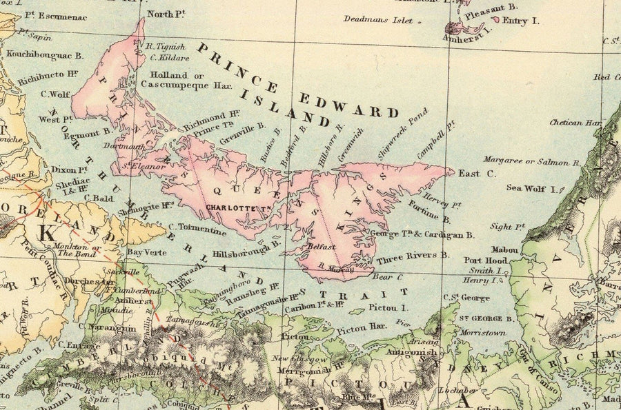 Ancienne carte de Terre-Neuve, Nouvelle-Écosse et Nouveau-Brunswick, 1872 par Fullarton - Canada, Amérique du Nord britannique coloniale