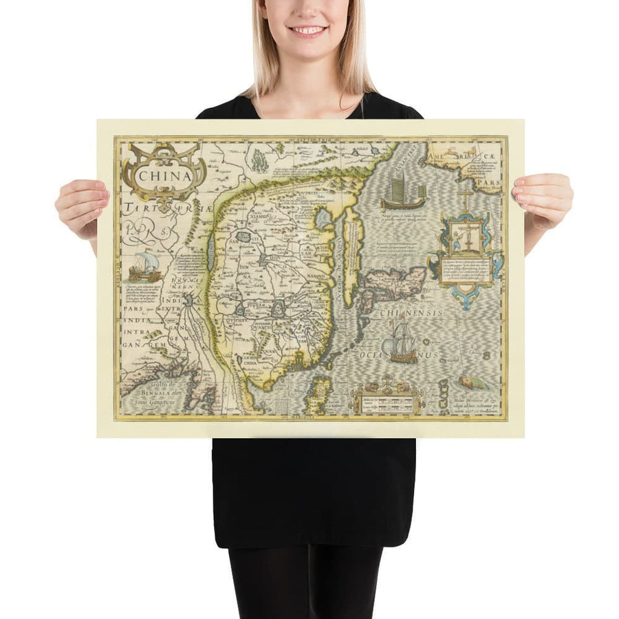 Ancienne carte de la Chine, 1606 par Jodocus Hondius - Corée, Japon, Grande Muraille, Asie du Sud-Est, Orient, Monstres marins étranges