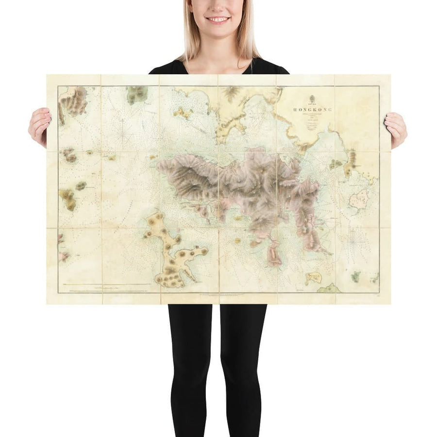 La première carte de Hong Kong, 1843 - Old Admiralty Navy Chart - Kowloon, Victoria Bay, Early British Colony