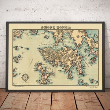 Ancienne carte de Hong Kong, 1924 par Sung Chun Wa - Central, Kowloon, Causeway, Victoria Harbour, îles, montagnes, Lamma