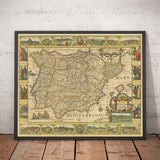 Old Map of Spain & Portugal, 1659 by Jan Jansson - Madrid, Lisbon, Barcelona, Catalonia, Valencia, Iberia, Mediterranean Sea
