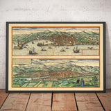 Old Map of Florence & Genoa, 1572 by Braun - Duomo, Palazzo Vecchio, Arno River, San Lorenzo, Cathedrals, Forts