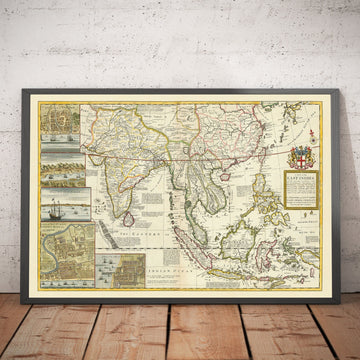 Mapa antiguo de la India y el Sudeste Asiático, 1717 por Herman Moll - Indias Orientales Coloniales, China, Malasia, Tailandia, Singapur, Indonesia