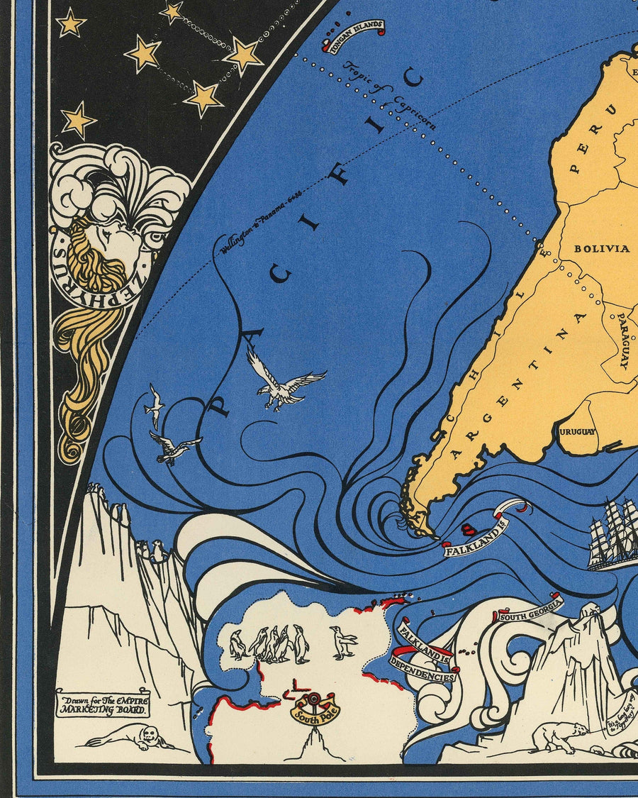 Autobahnen des Imperiums: Alte Weltkarte des Britischen Empires, 1933, von Max Gill - Kolonien, Commonwealth, Schifffahrtsrouten 