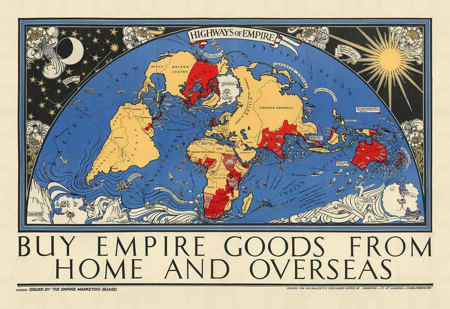 Autobahnen des Imperiums: Alte Weltkarte des Britischen Empires, 1933, von Max Gill - Kolonien, Commonwealth, Schifffahrtsrouten 