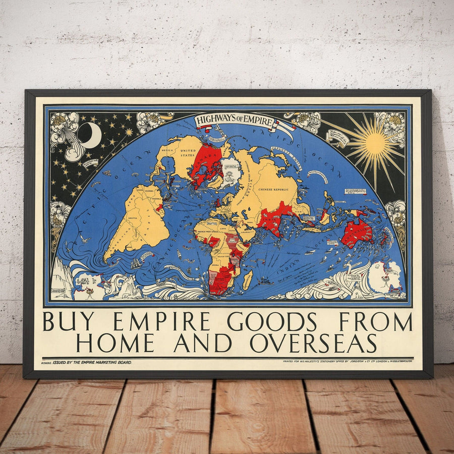Autobahnen des Imperiums: Alte Weltkarte des Britischen Empires, 1933, von Max Gill - Kolonien, Commonwealth, Schifffahrtsrouten 
