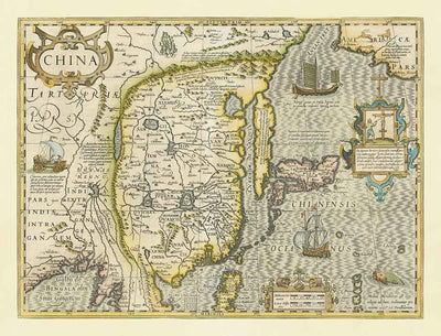 Ancienne carte de la Chine, 1606 par Jodocus Hondius - Corée, Japon, Grande Muraille, Asie du Sud-Est, Orient, Monstres marins étranges