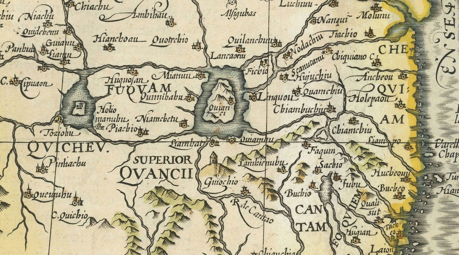 Ancienne carte de la Chine, 1606 par Jodocus Hondius - Corée, Japon, Grande Muraille, Asie du Sud-Est, Orient, Monstres marins étranges