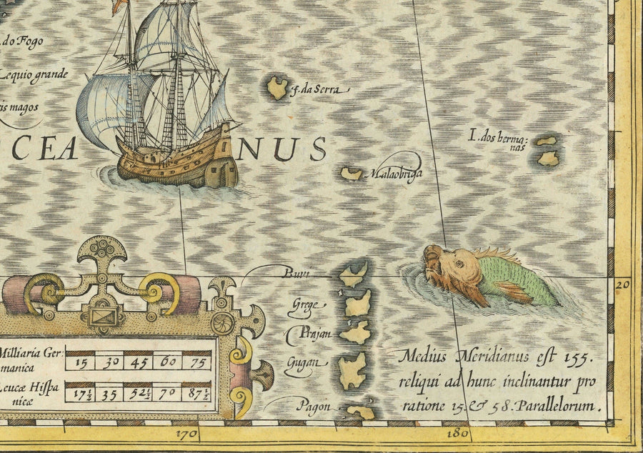 Ancienne carte de la Chine, 1606 par Jodocus Hondius - Corée, Japon, Grande Muraille, Asie du Sud-Est, Orient, Monstres marins étranges