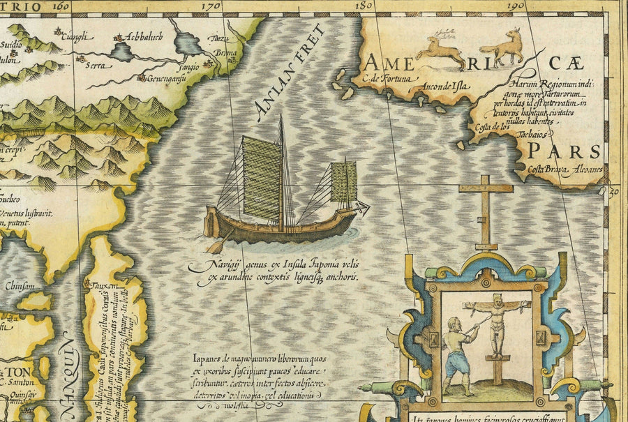 Ancienne carte de la Chine, 1606 par Jodocus Hondius - Corée, Japon, Grande Muraille, Asie du Sud-Est, Orient, Monstres marins étranges