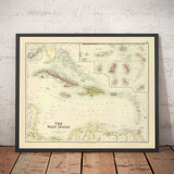 Old Map of the West Indies, 1872 by Fullarton - Bermuda, Cuba, Haiti, Puerto Rico, Jamaica, Bahamas, Antilles, Colonial Caribbean Sea